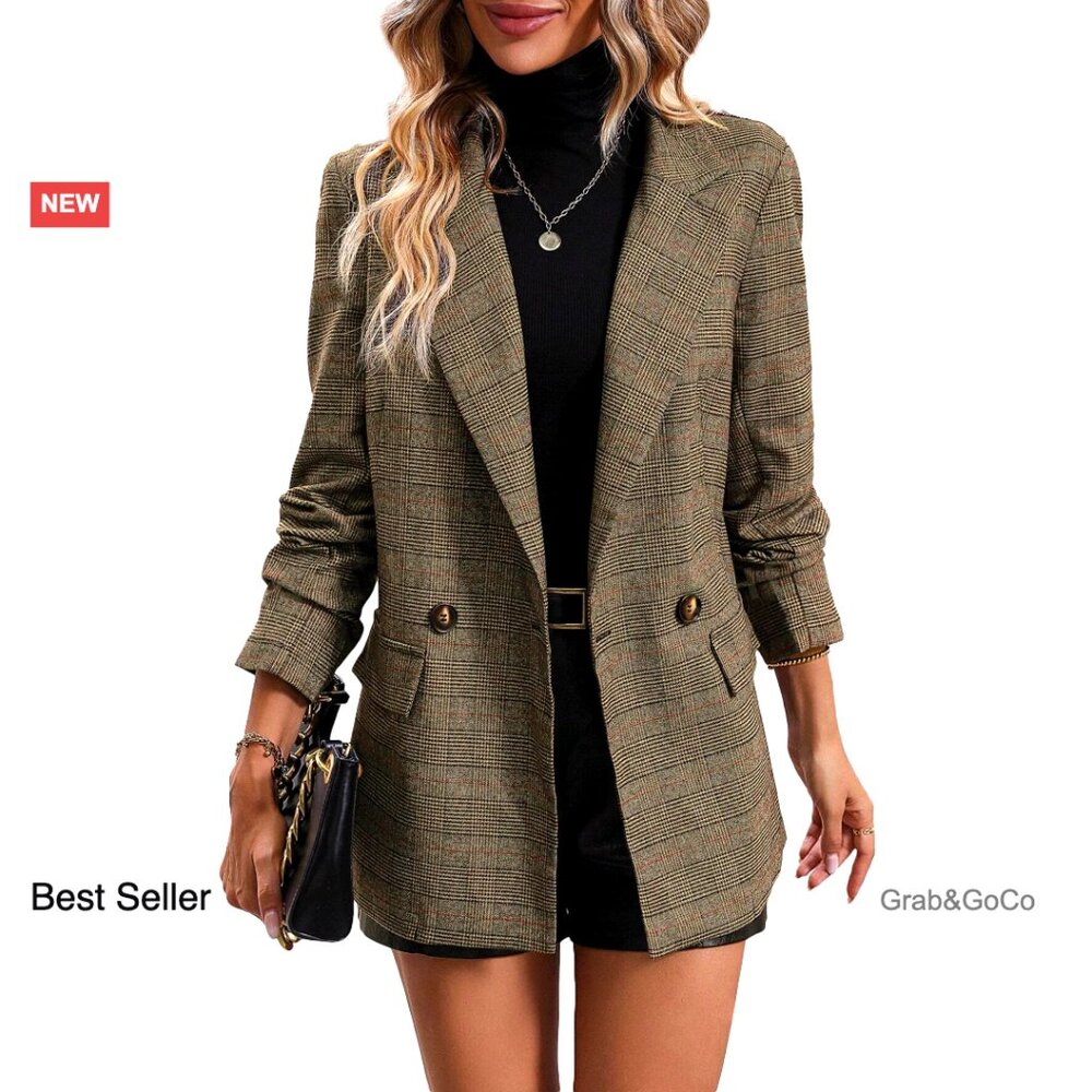 Plaid Houndstooth Blazer Classic Tailored Work Office Elegant Chic Professional